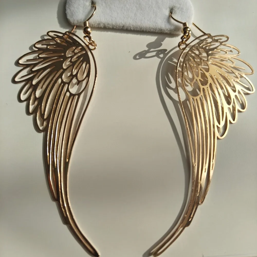 Gold Tone Angel Wing Earrings Large Long Filigree Cutout Dangle Drop Statement
